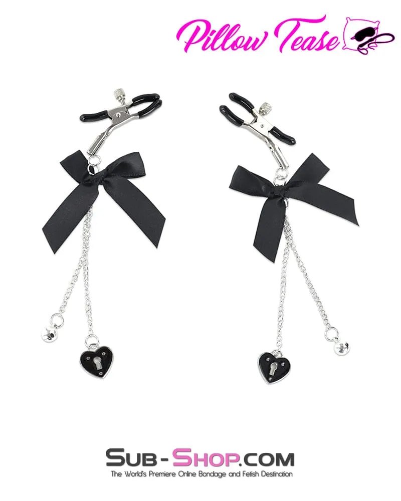 9884DL      Adjustable Nipple Clamps with Cute Bow and Lock Pendant, Black