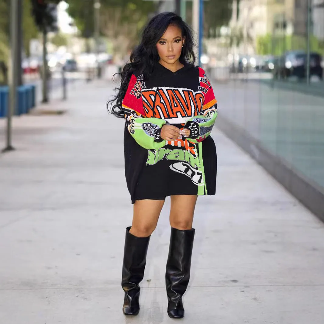 Bold Oversized Letter Print Long Sleeve T-Shirt Dress