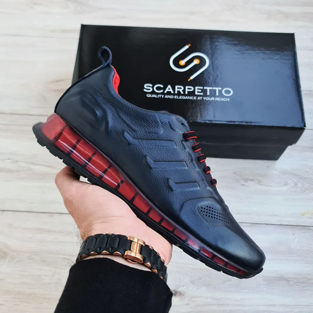 Dark Blue Leather Sneakers with Red Details | Platform High Sole