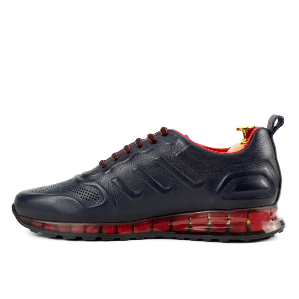 Dark Blue Leather Sneakers with Red Details | Platform High Sole
