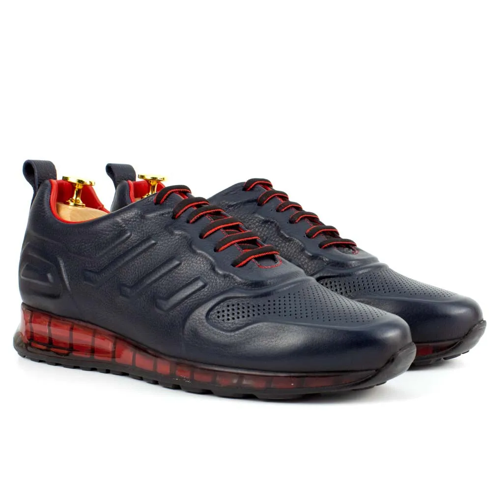 Dark Blue Leather Sneakers with Red Details | Platform High Sole