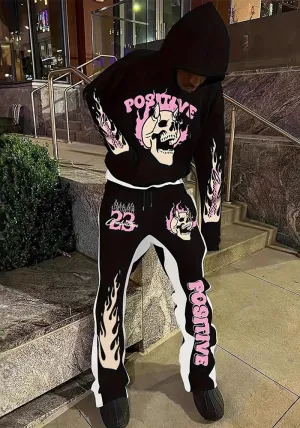 Edgy High-Street Skull Graphic Hoodie and Sweatpants Two-Piece Set