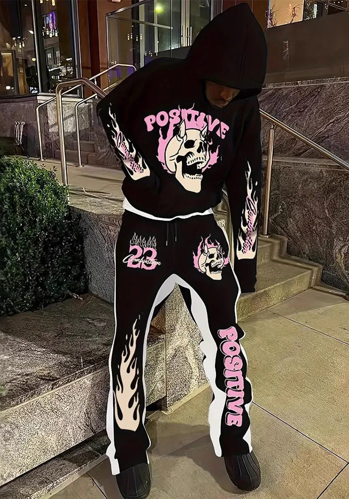 Edgy High-Street Skull Graphic Hoodie and Sweatpants Two-Piece Set