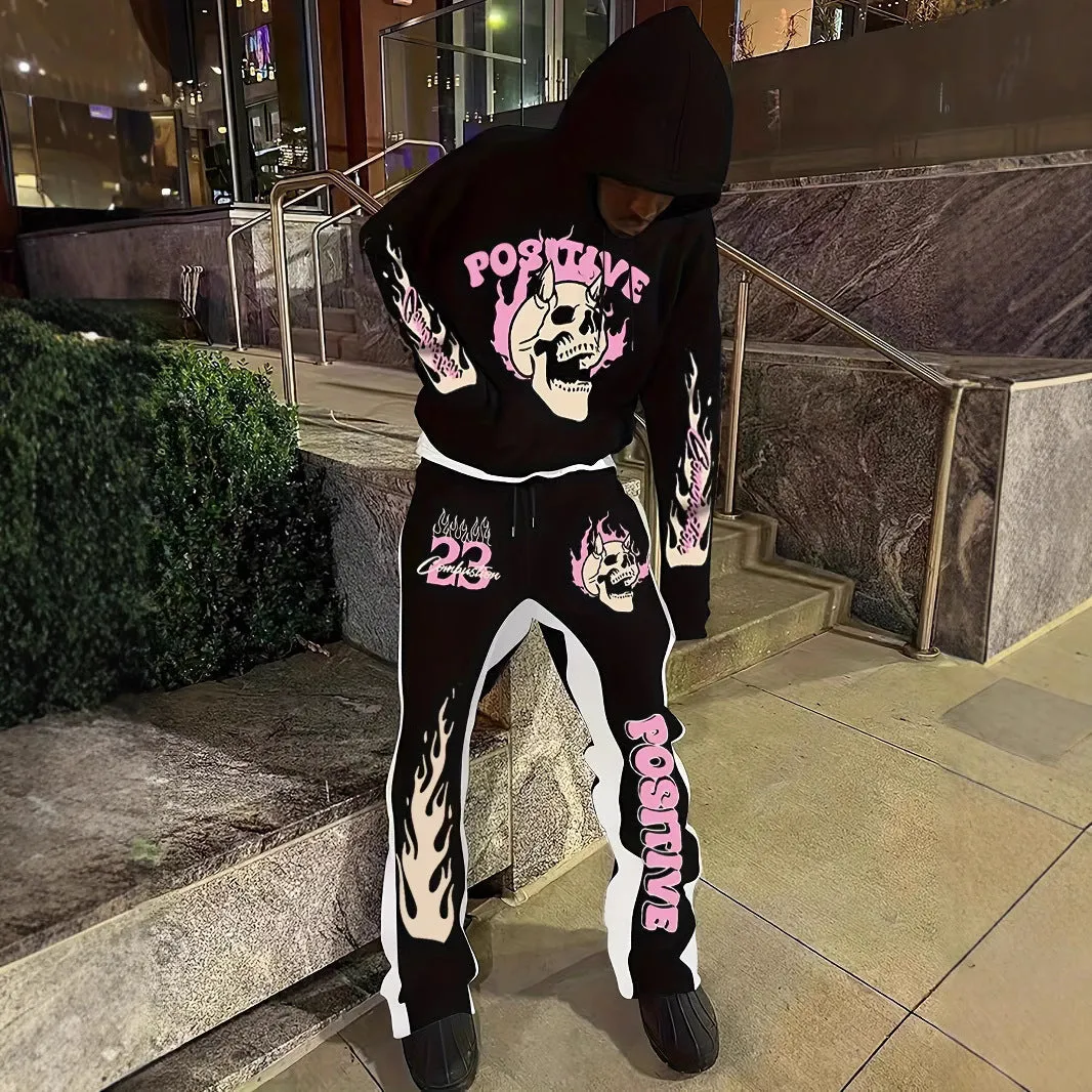 Edgy High-Street Skull Graphic Hoodie and Sweatpants Two-Piece Set