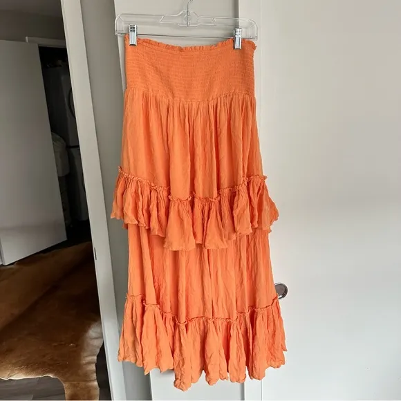 Free People Cascading High Waist Ruffle Midi Boho Skirt Orange
