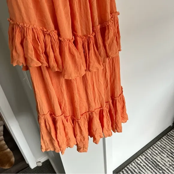 Free People Cascading High Waist Ruffle Midi Boho Skirt Orange