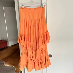 Free People Cascading High Waist Ruffle Midi Boho Skirt Orange