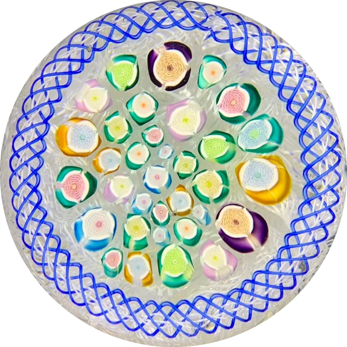 John Deacons 2019 Millefiori “Rose Garden” on Upset Muslin Lace Glass Art Paperweight