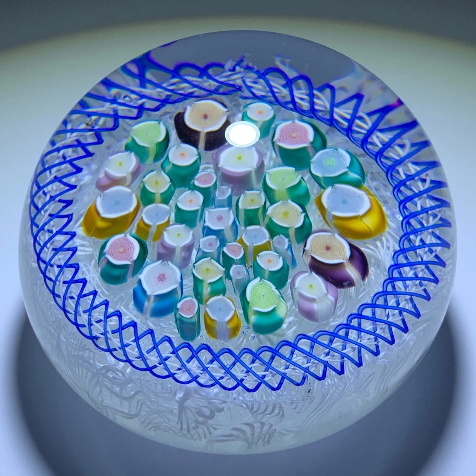 John Deacons 2019 Millefiori “Rose Garden” on Upset Muslin Lace Glass Art Paperweight
