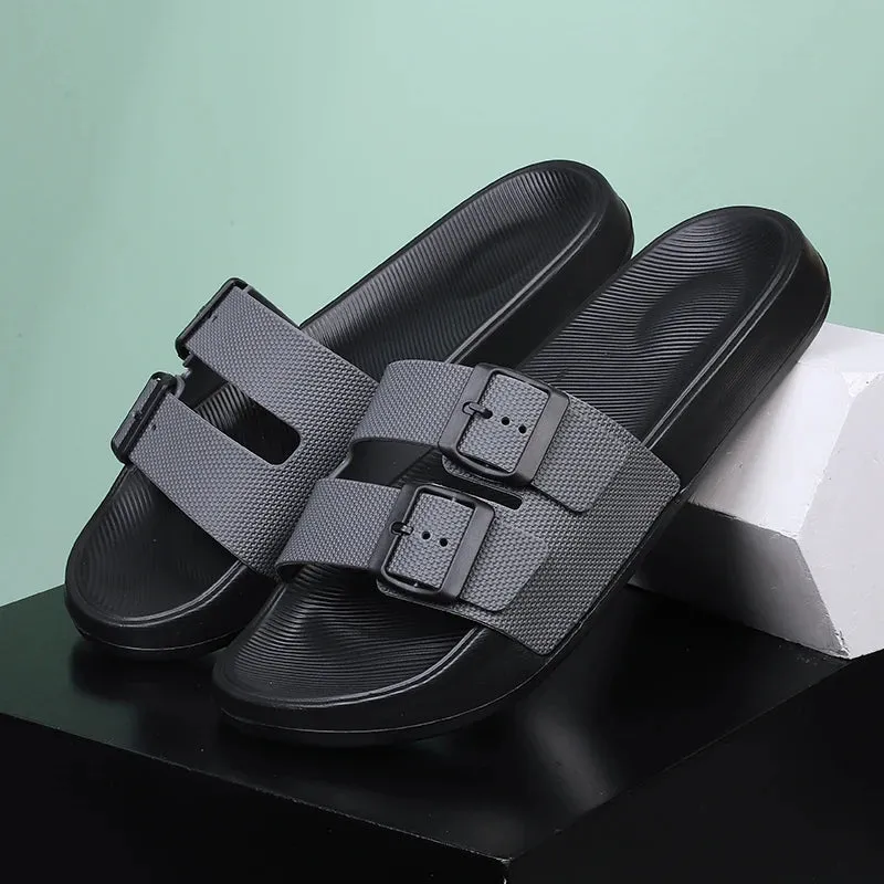 Leather Suede Sole Men Cork Slippers Summer Casual Double Buckle Non-slip Clogs Slides Women Slip on Flip Flop Men Shoes Unisex