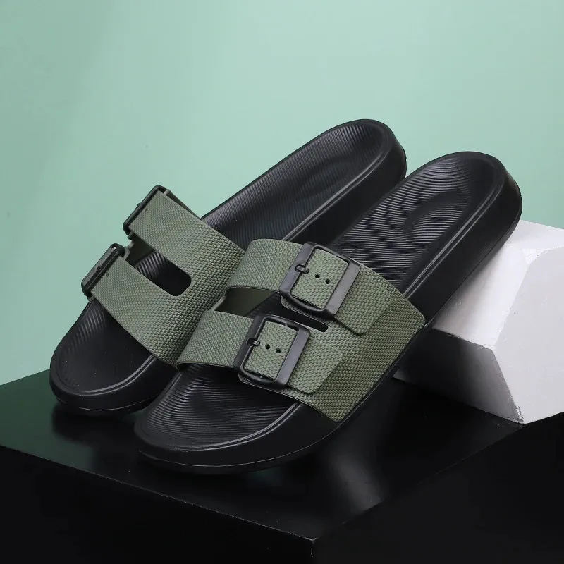 Leather Suede Sole Men Cork Slippers Summer Casual Double Buckle Non-slip Clogs Slides Women Slip on Flip Flop Men Shoes Unisex