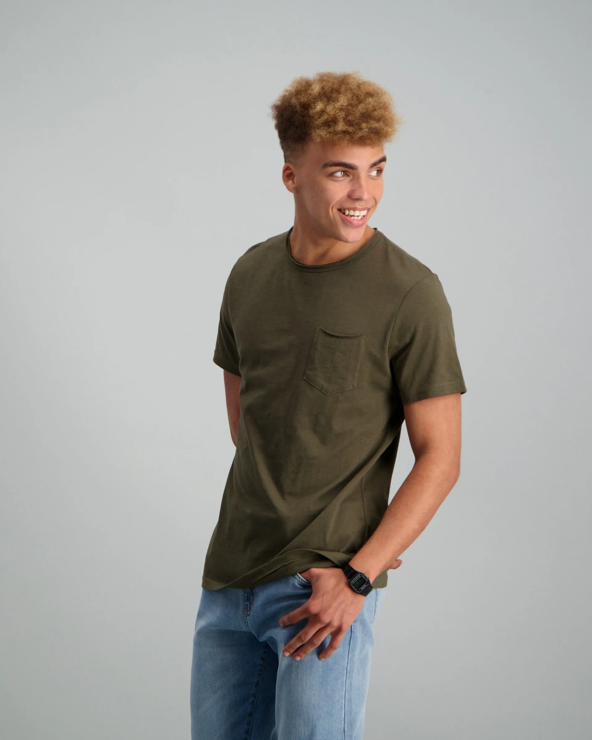 Men's Slub Raw Crew Neck Slim Pocket T-Shirt