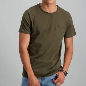 Men's Slub Raw Crew Neck Slim Pocket T-Shirt