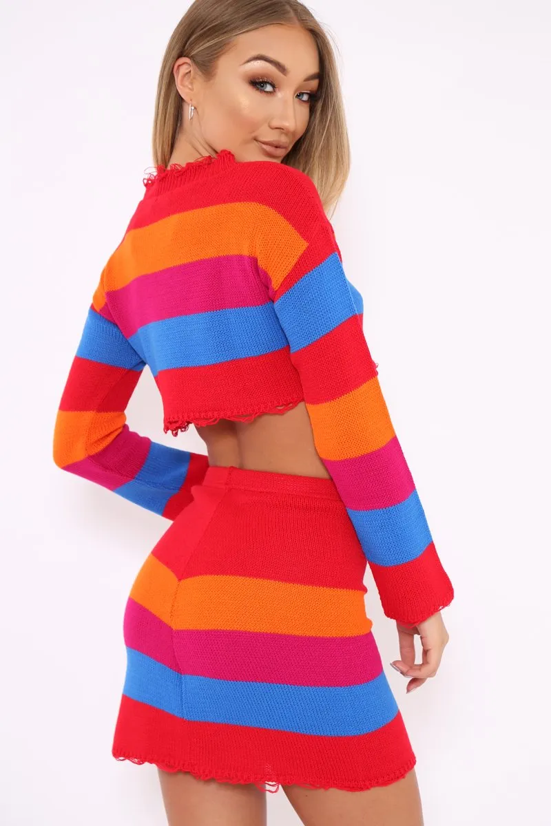 Multi Coloured Knitted Cropped Jumper And Skirt Co-Ord - Lahna