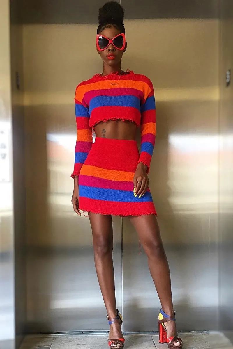 Multi Coloured Knitted Cropped Jumper And Skirt Co-Ord - Lahna