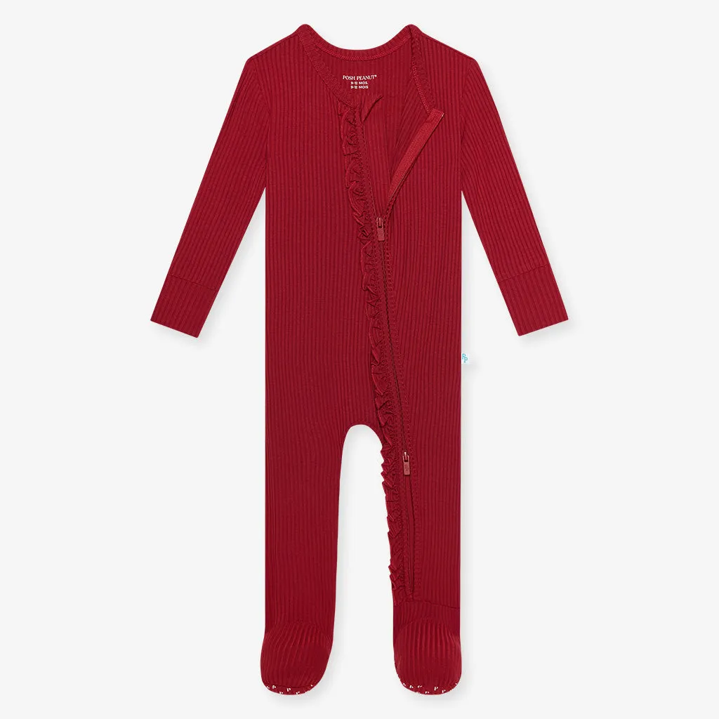 Posh Peanut Dark Red Solid Ribbed Ruffled Zippered Footie