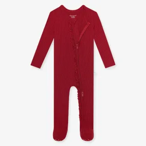 Posh Peanut Dark Red Solid Ribbed Ruffled Zippered Footie