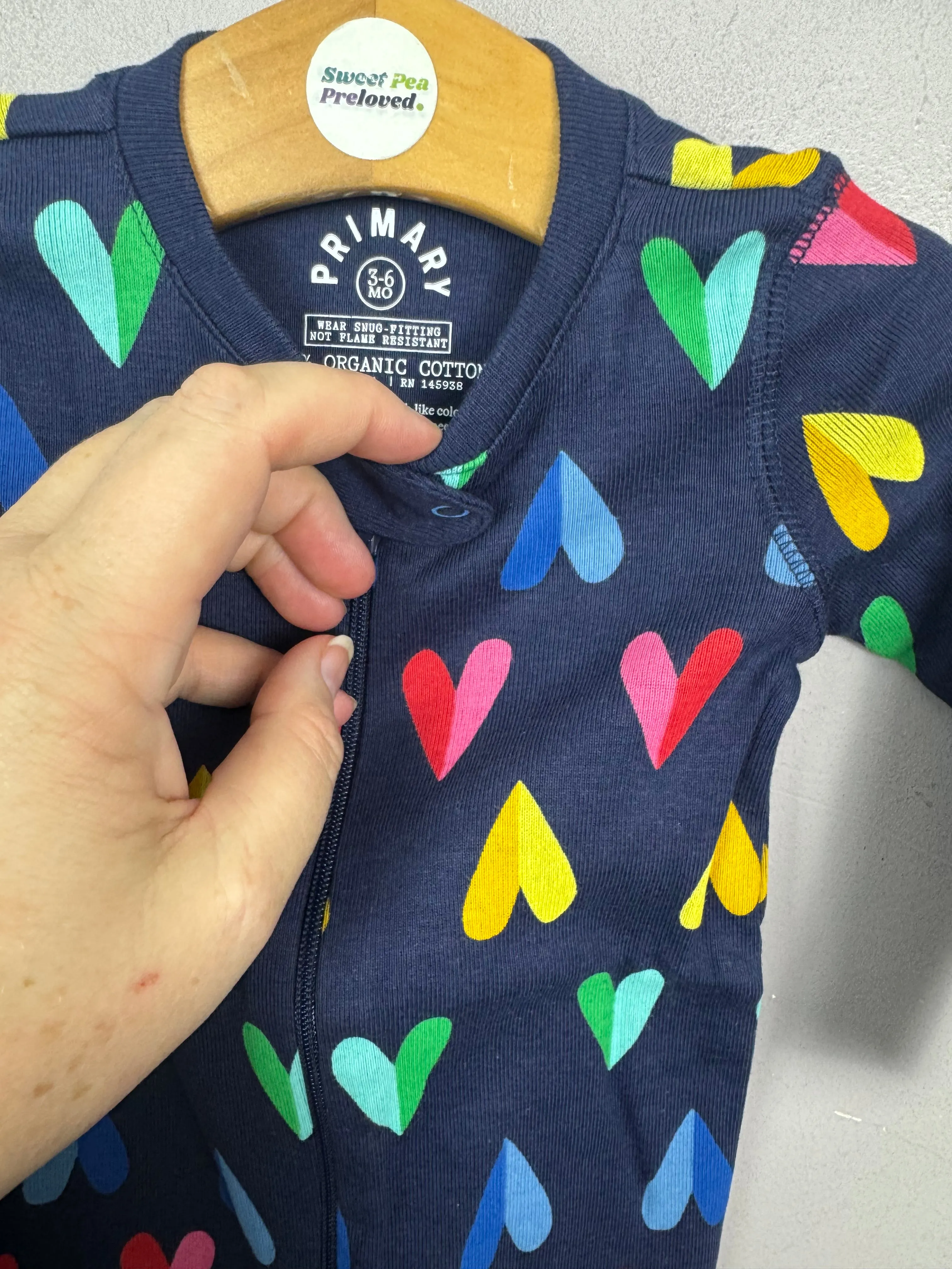 Primary Organic Sleepsuit - Navy Split Hearts (New) 0-3m, 6-9m, 12-18m