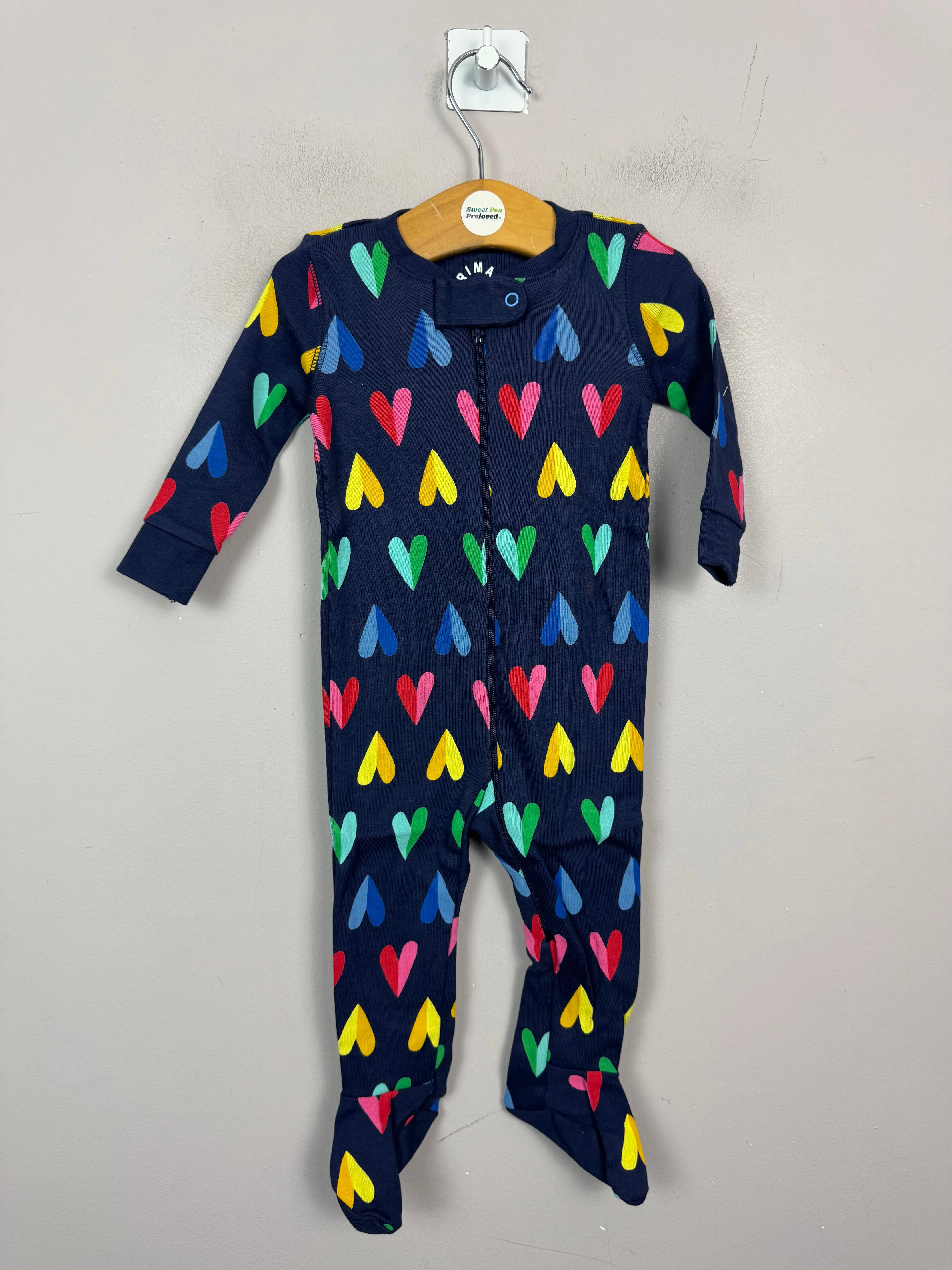 Primary Organic Sleepsuit - Navy Split Hearts (New) 0-3m, 6-9m, 12-18m