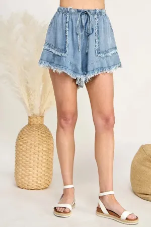 SAGE FIG Frayed Drawstring Denim Shorts