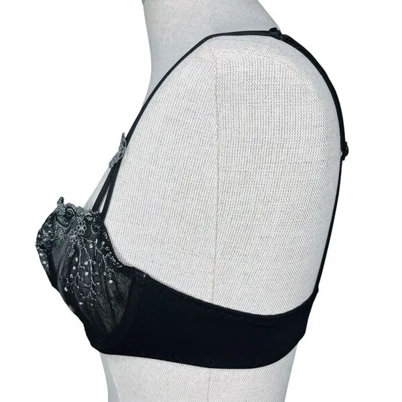 Simone Perele Delice Sheer Lace Bra sz 32D * Mesh Scallop Trim Floral Embroidery