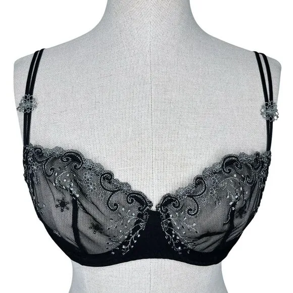 Simone Perele Delice Sheer Lace Bra sz 32D * Mesh Scallop Trim Floral Embroidery