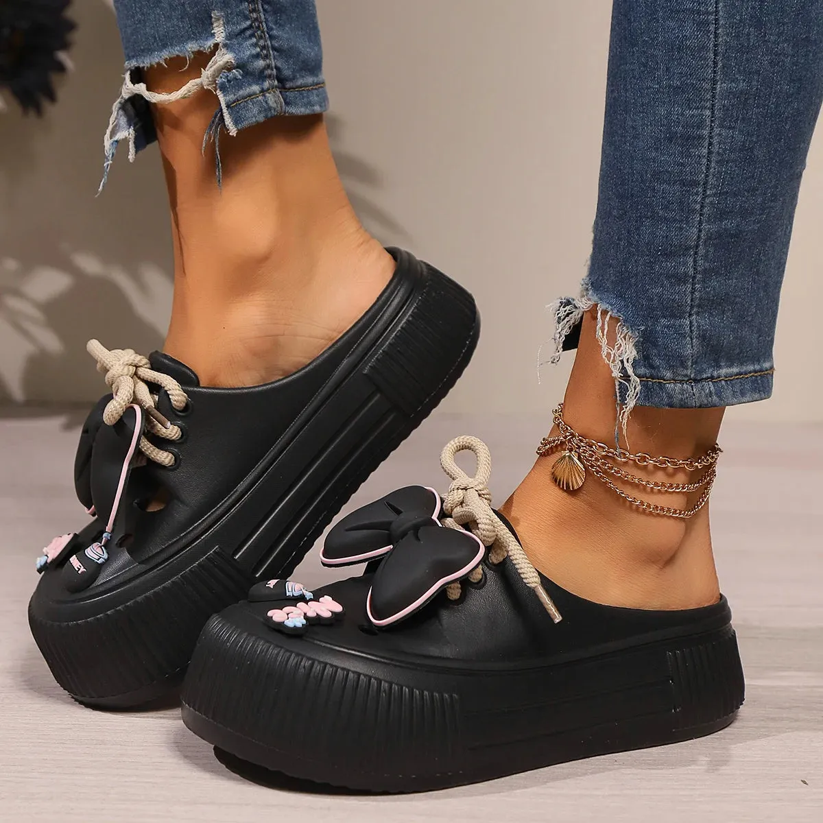 Summer Women Slippers Platform Bow Decoration Clogs Garden Shoes Comfortable Beach Sandal Chunky Slippers Soft Slides For Female