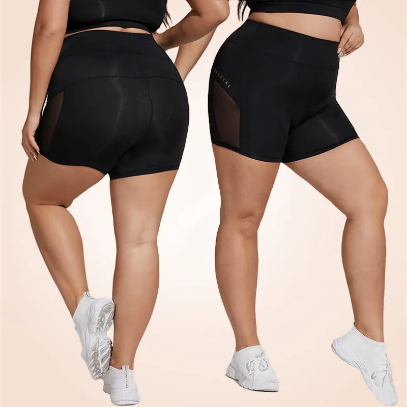 Wide Band Plus Size Contrast Mesh Sports Yoga Shorts
