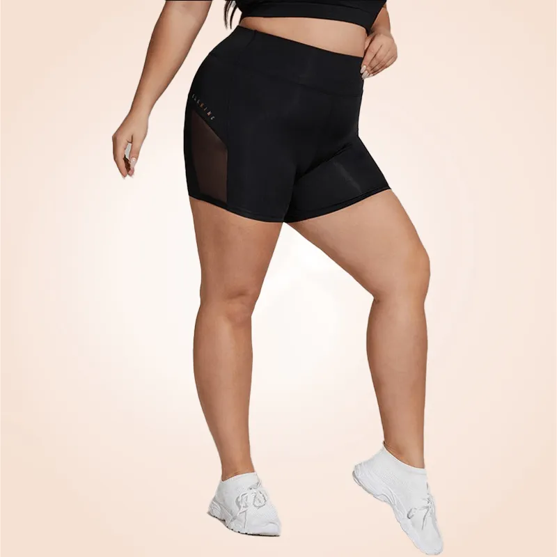 Wide Band Plus Size Contrast Mesh Sports Yoga Shorts