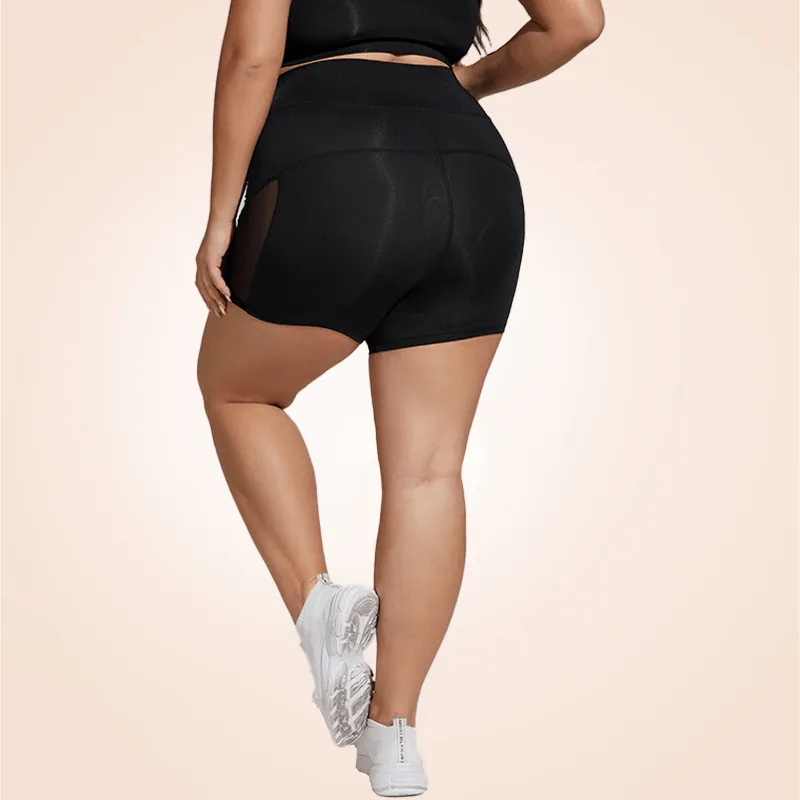 Wide Band Plus Size Contrast Mesh Sports Yoga Shorts