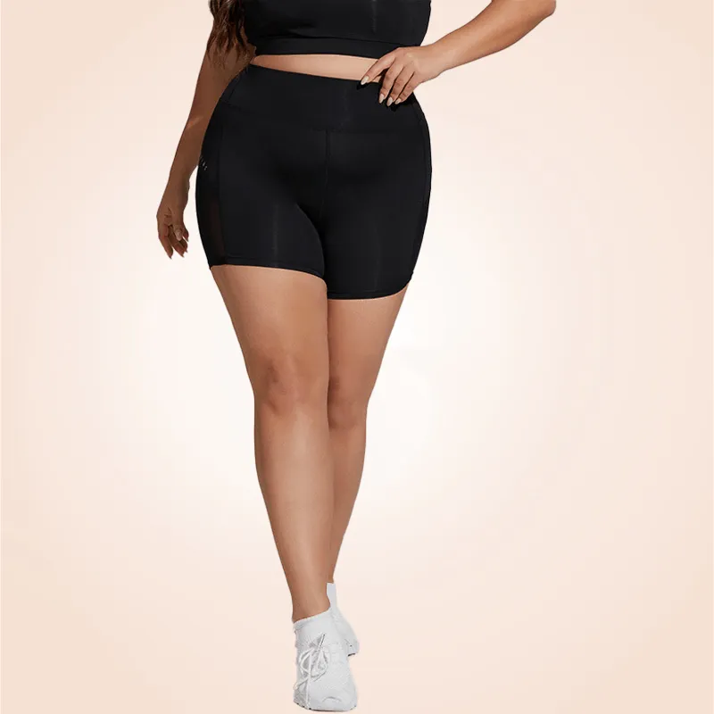Wide Band Plus Size Contrast Mesh Sports Yoga Shorts