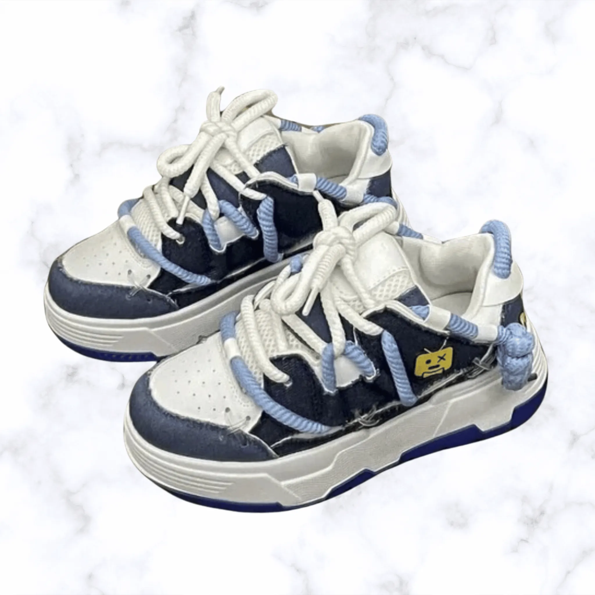 Women's Chunky Denim Platform Sneakers – Wide Sole, Lace-Up Hip Hop Style, Casual Splicing Design