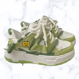 Women's Chunky Denim Platform Sneakers – Wide Sole, Lace-Up Hip Hop Style, Casual Splicing Design